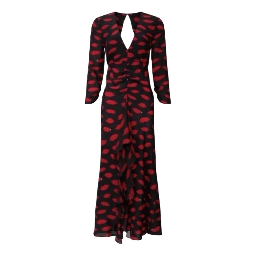 RIXO Black Maxi Dress with Red Lip Print